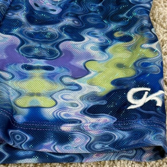 GK Elite Athletic Shorts AS Blue Purple Green Swirl Pattern Womens Gymnastics Ch - Picture 2 of 4